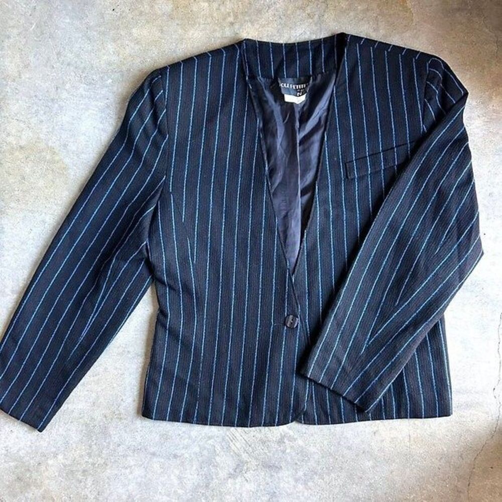 Oui Petite by Tan Jay Vintage 80s Black Blue Pinstripe Blazer USA